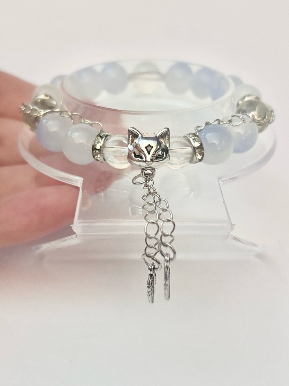 Handmade White Opalite Beaded Bracelet with Silver Fox Charm